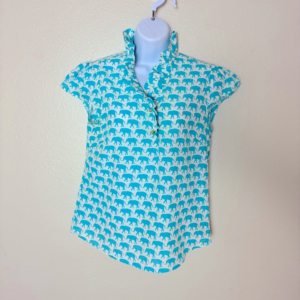 Elizabeth McKay Silk Aqua Blue & White Elephant Ruffle Blouse - 6